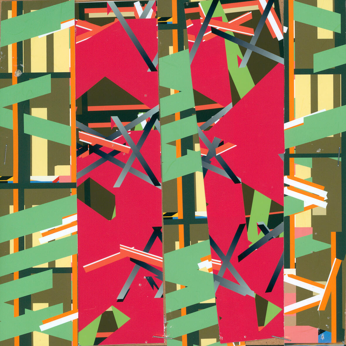 SKIP_BACK #11, by Carol-Ann BRAUN. Date: 2024. Size: 8.5" x 8.5" Medium: stapled collage of a print out of a collage of screen captures ("occurrences") of a generative piece entitled SKIP-BACK@2022_Carol-Ann BRAUN (graphics) and Alain LONGUET (programming